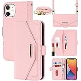 Jaorty Crossbody Wallet for iPhone 12 Mini Case with Adjustable Lanyard Strap Credit Card Holder 5.4",PU Leather Handbag Purse Kickstand Make Up Mirror Cover Case for Men Women Girl,Pink