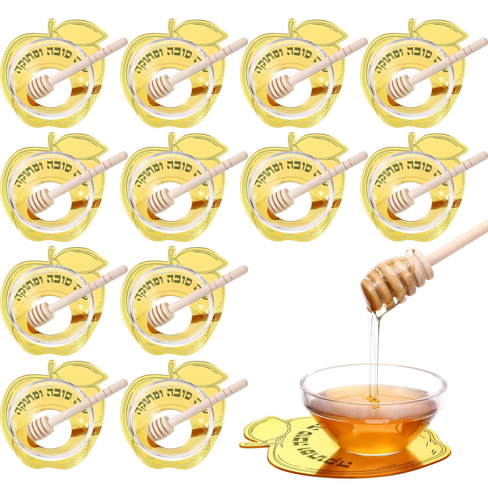 Photo 1 of Newtay 6 Sets Rosh Hashanah Apple Shaped Honey Dish with Dipping Spoon Jewish New Year Decoration Acrylic Apple Honey Dish with Stick for Jewish New Year Holiday Gift Table Decorations, Gold