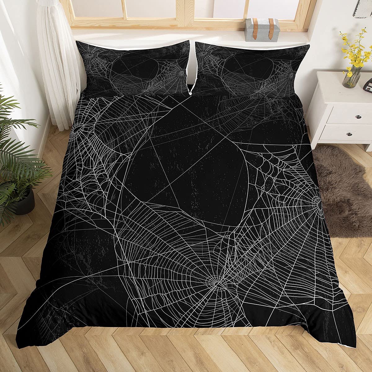 Spider Web Bedding Duvet Cover Set Kids Halloween Spider Bedding Set Boys Girls Black White Comforter Cover Microfiber Trick or Treat Bedding & Linen Bedroom Double