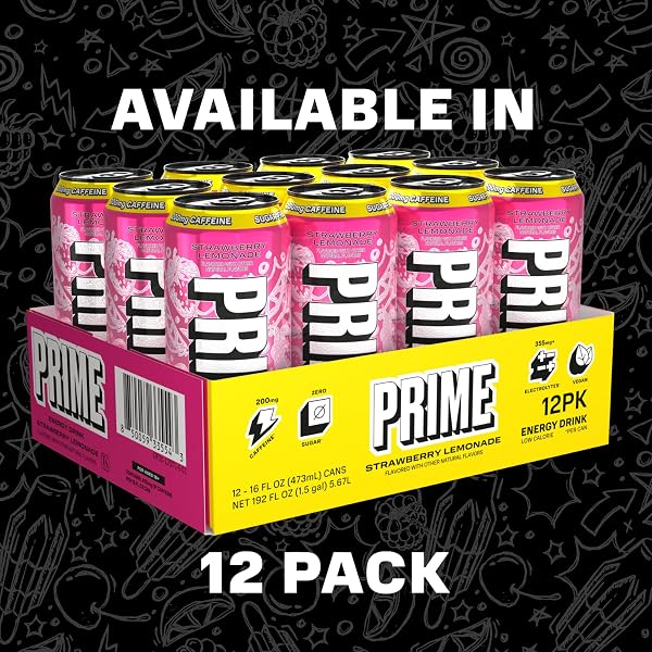 PRIME ENERGY STRAWBERRY LEMONADE, SUGAR FREE ENERGY DRINK, 200MG CAFFEINE AND 355MG OF ELECTROLYTES FOR HYDRATION, LOW CALORIE, VEGAN, GLUTEN FREE,16 FLUID OUNCE, 12 PACK