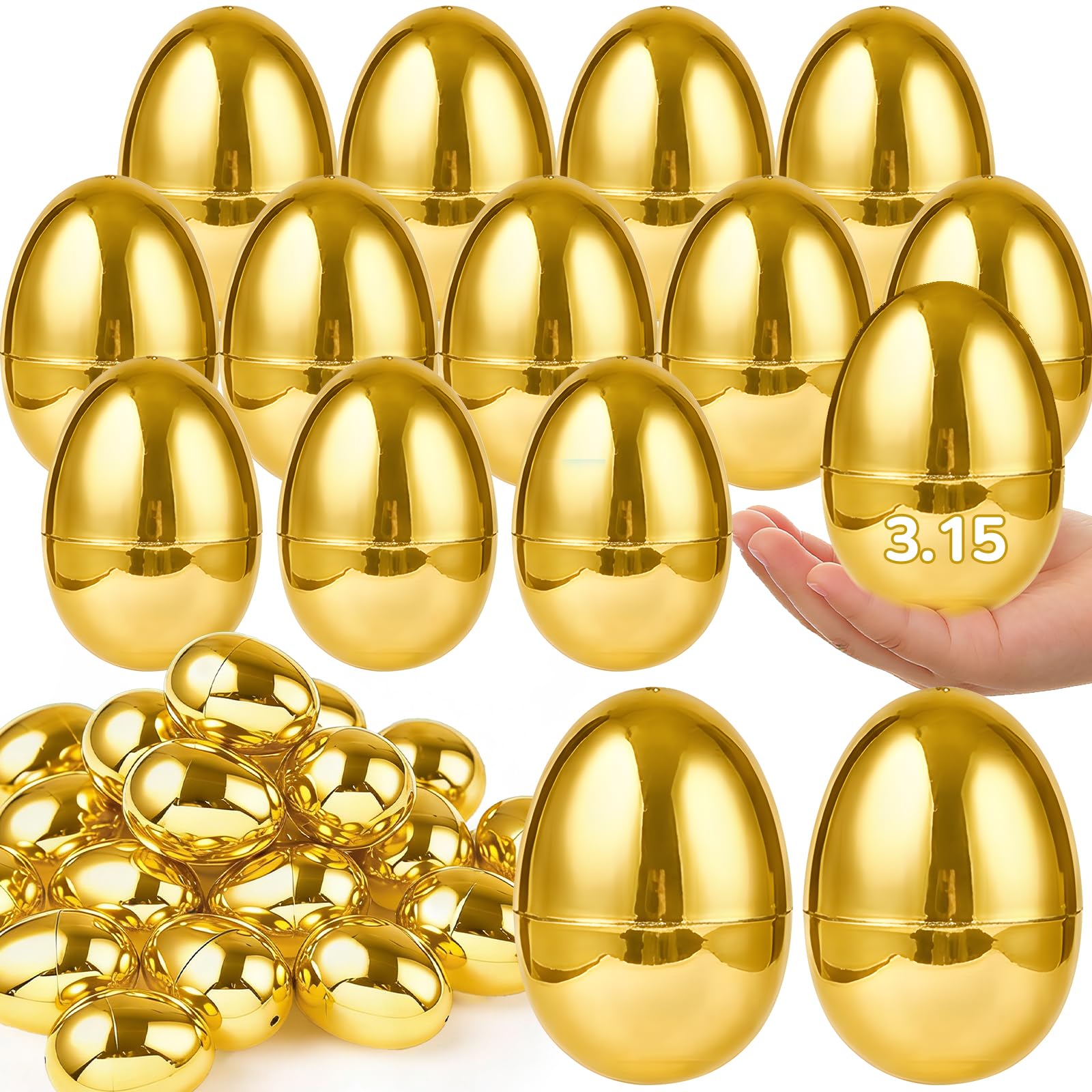3.1" Large 50 Pack Golden Easter Eggs Fillable Plastic Easter Eggs Bulk Empty Easter Basket Stuffers for Easter Treats Filler Eggs Hunt Supplies Classroom Prize Easter Party Favors Kids Toddler