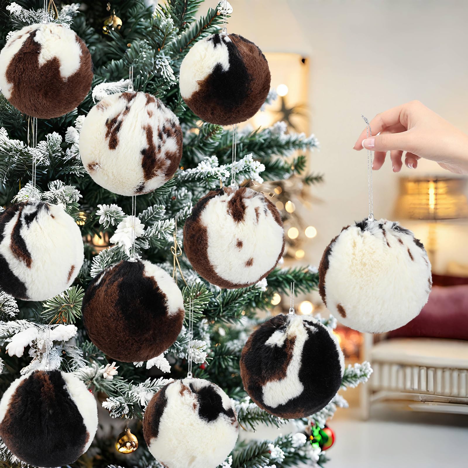 Photo 1 of 10PCS Cow Print Christmas Balls Ornament Set - 3.1" Large Cow Faux Fur Plush Balls Tree Ornaments for Western Farmhouse Home Holiday Party Xmas Tree Fireplace Decor