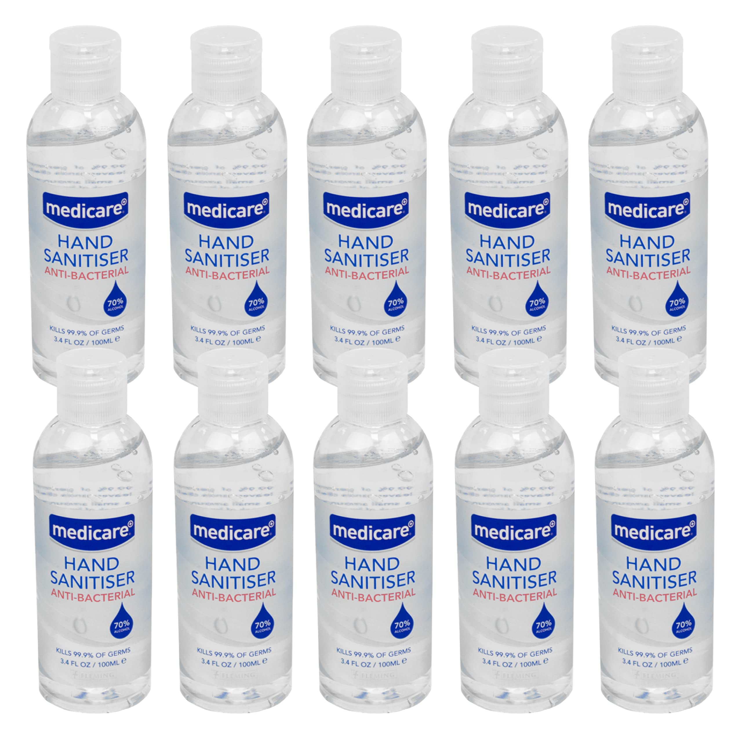 Fleming Medical Medicare Hand Sanitiser Gel 100ml - Mini Antibacterial Hand Gel with 70% Alcohol and Moisturiser, Kills 99.9% Of Bacteria And Viruses, Approved And Tested, Pack of 10
