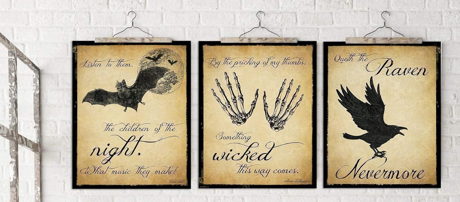 The Raven, Dracula and Macbeth Literary Quote Set. Edgar Allan Poe, William Shakespeare and Bram Stoker. Vintage Style Fine Art Paper, Laminated, or Framed. Multiple Sizes Available.