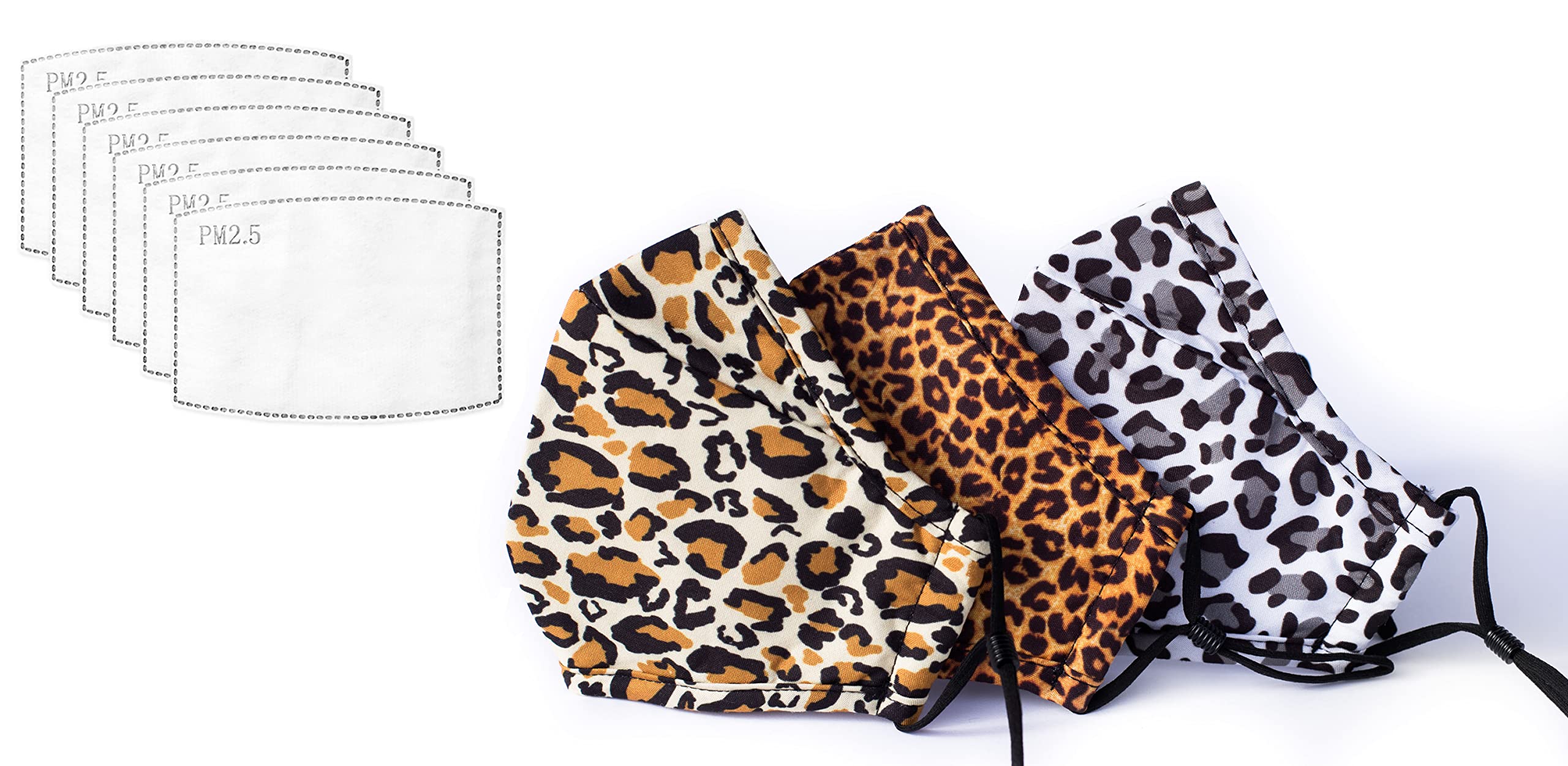 Habac Studio Pack of 3 Face Masks + 6 PCS PM 2.5 FILTERS Cover Bandana Balaclavas Face Masks Washable UK Reusable Black Masks Nose Wire (Leopard)