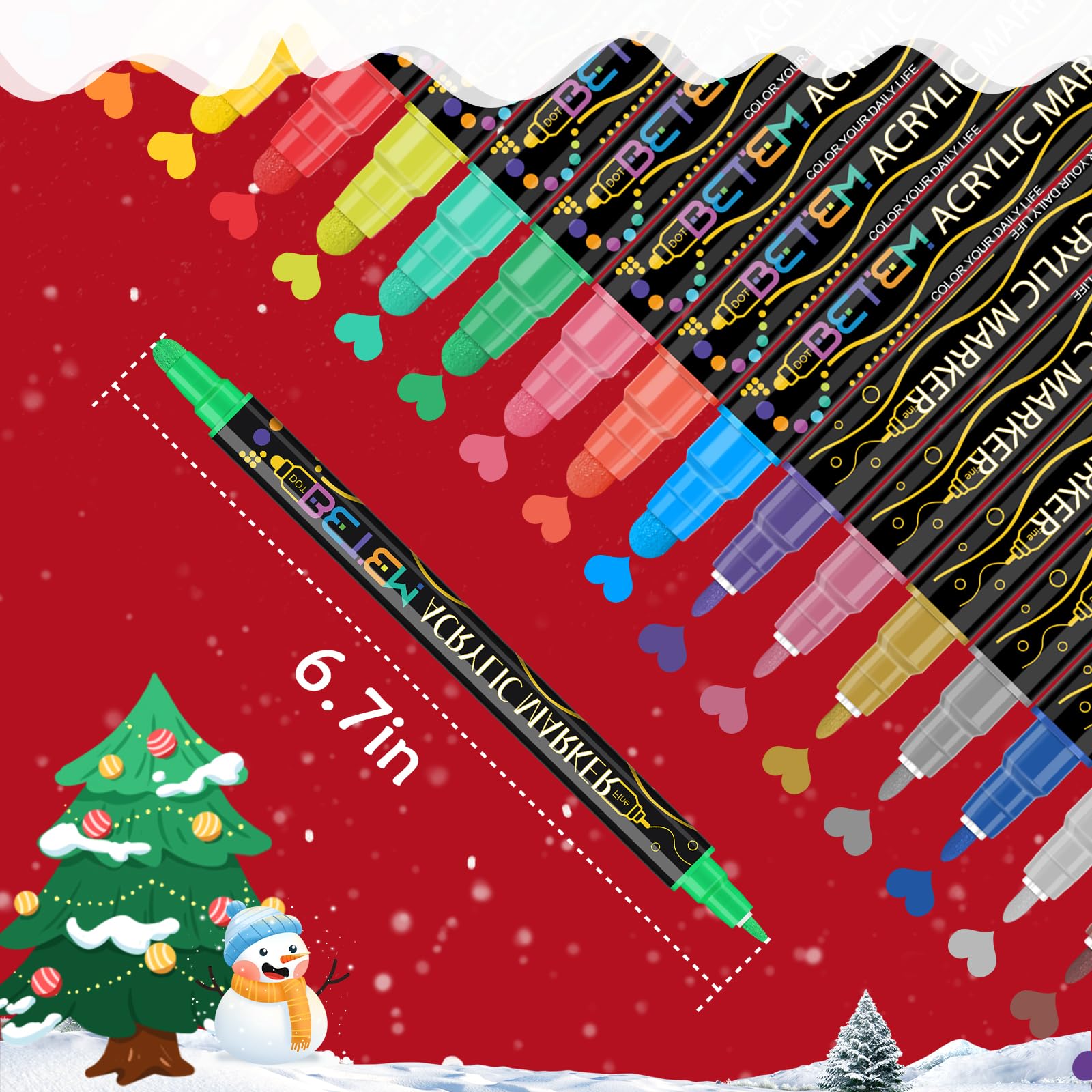 Betem 24 Colors Dual Tip Acrylic Paint Pens Markers, Premium Acrylic Paint Markers Stocking Stuffers for Rock, Wood, Fabric, Glass, Canvas, Ceramic, Christmas Gifts for Teens DIY Crafts Art Supplies
