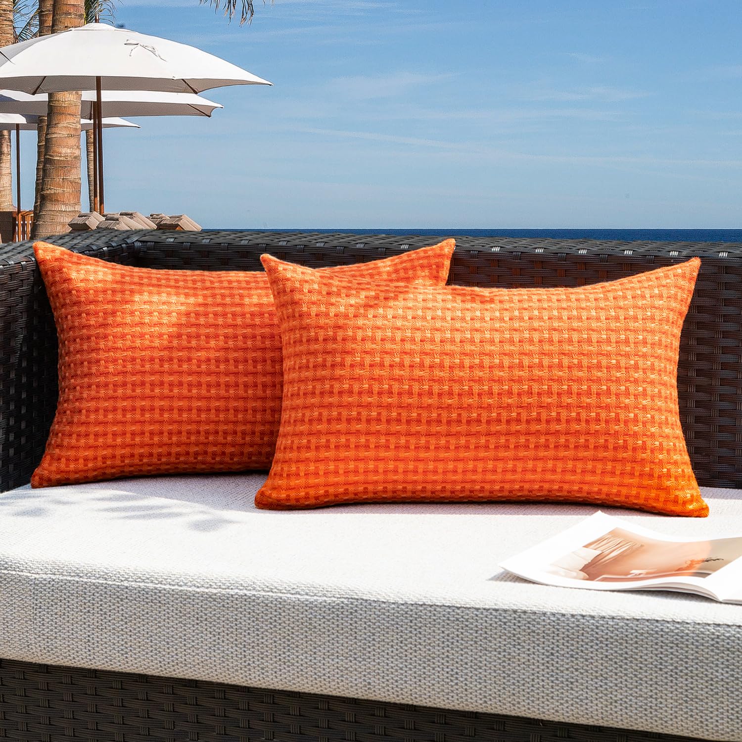 Photo 1 of Kevin Textile Fall Outdoor Waterproof Throw Pillow Covers Pack of 2 Farmhouse Decorative Cushion Covers for Garden Patio Tent Balcony Bench Couch Sofa 12x20 Inch, Orange