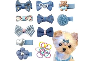 LCICLLY Blue Dog Hair Clips and Rubber Bands Small Dog Bows Denim Cute Pet Grooming Accessories Alligator Clips Stay In Hair Barrettes Flower Bear Hairpin Topknot Headdress Yorkie Puppy Maltese Girls Dogs