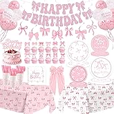 Coquette Birthday Decorations, Pink Bow Birthday Decorations Serve 24 Includes bow hair clip Hanging Swirls Plates Napkins Cups Banner Tablecloth Balloons Pink Party Supplies for Girls Party