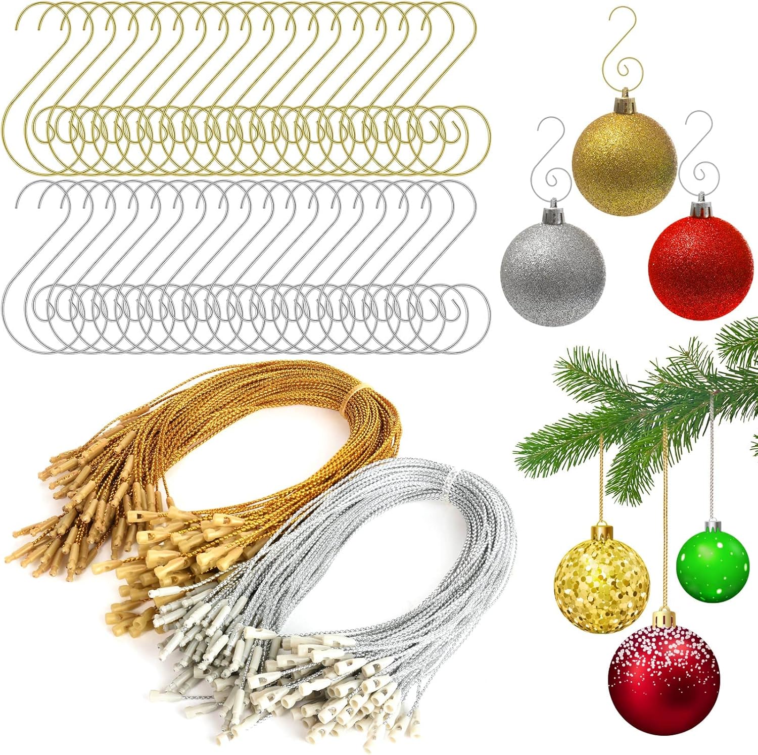 Ornament Hooks - Ospvcwk Christmas Ornament Hooks, 440 Pcs Christmas Ornaments Hanger String with Hooks Set, Easy Snap Precut Hanging Ropes Fasteners for Xmas Ornament Tree Hanging Decorations, Gold Silver