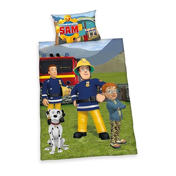 Herding FEUERWEHRMANN SAM Kleinkinder-Bettwäsche-Set, Wendemotiv, Bettbezug 100 x 135 cm, Kopfkissenbezug 40 x 60 cm, Baumwol