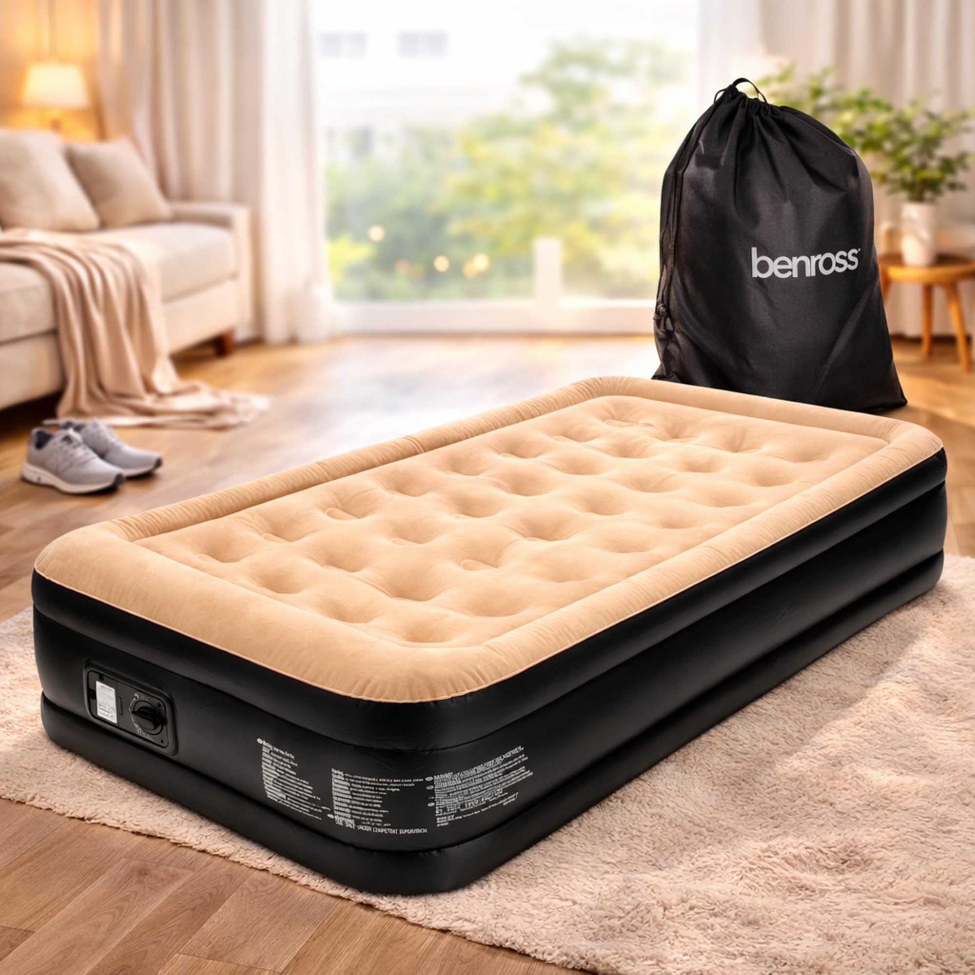 Benross 88080 Single Airbed/Inflatable Air bed Mattress with Built-In Electric Pump/Comfortable Flocked Surface/Carry Bag & Repair Patch Included/For Camping or Home / 2m x 1m / Beige