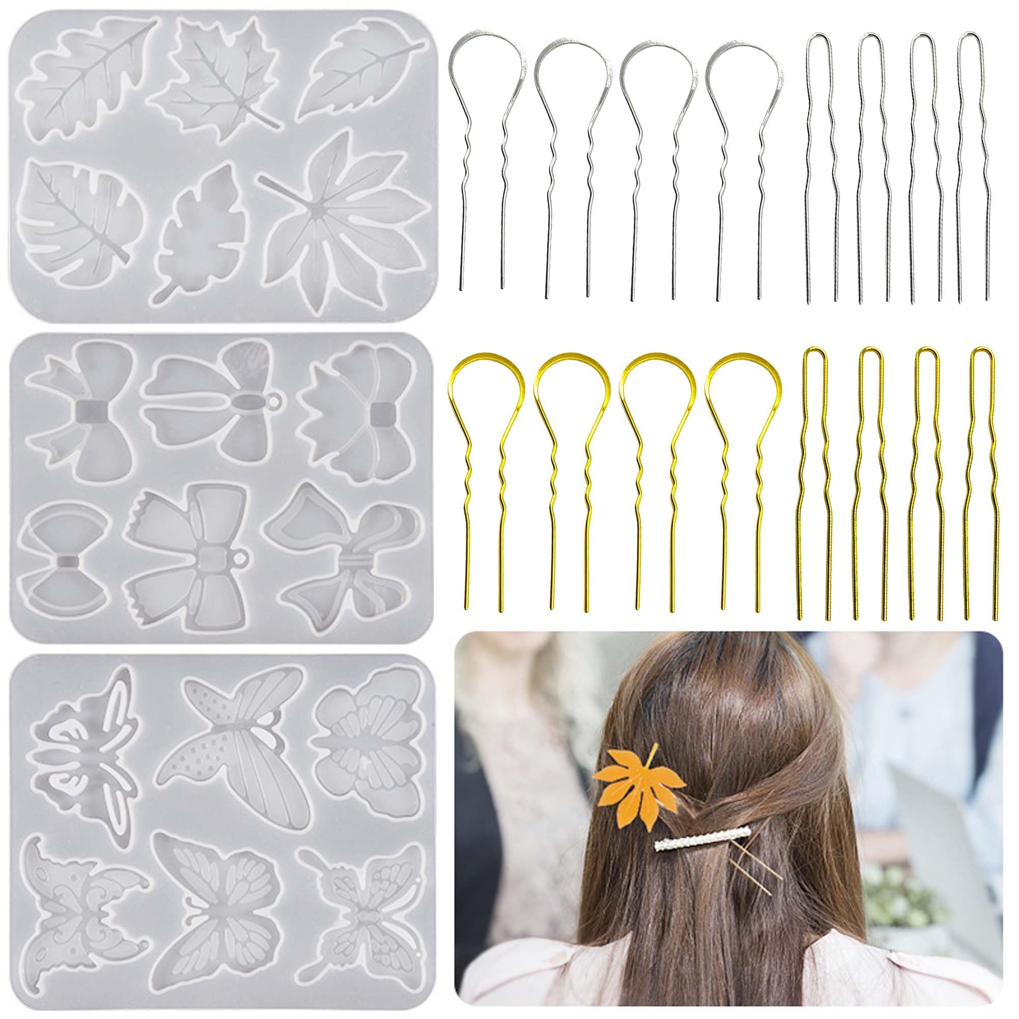 Attuslla 3 PCS Hair Stick Resin Molds Silicone Kit, 19 PCS Silicone Hairpin Molds Hair Stick Molds for Jewelry Crafts Making, Hairpin Clip DIY