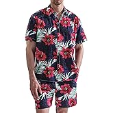 JOGAL Men's Flower Casual Button Down Short Sleeve Hawaiian Shirt Suits