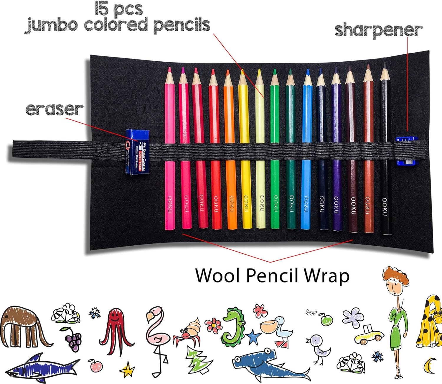 OOKU Jumbo Kids Colored Pencils 15 Pc - Chubby Jumbo Pencils for Preschoolers, Coloring Toddler Pencils for Beginners - Easy Hold Thick Colored pencils for Kids w Sharpener, Eraser, Pouch - Eleph: Office Products