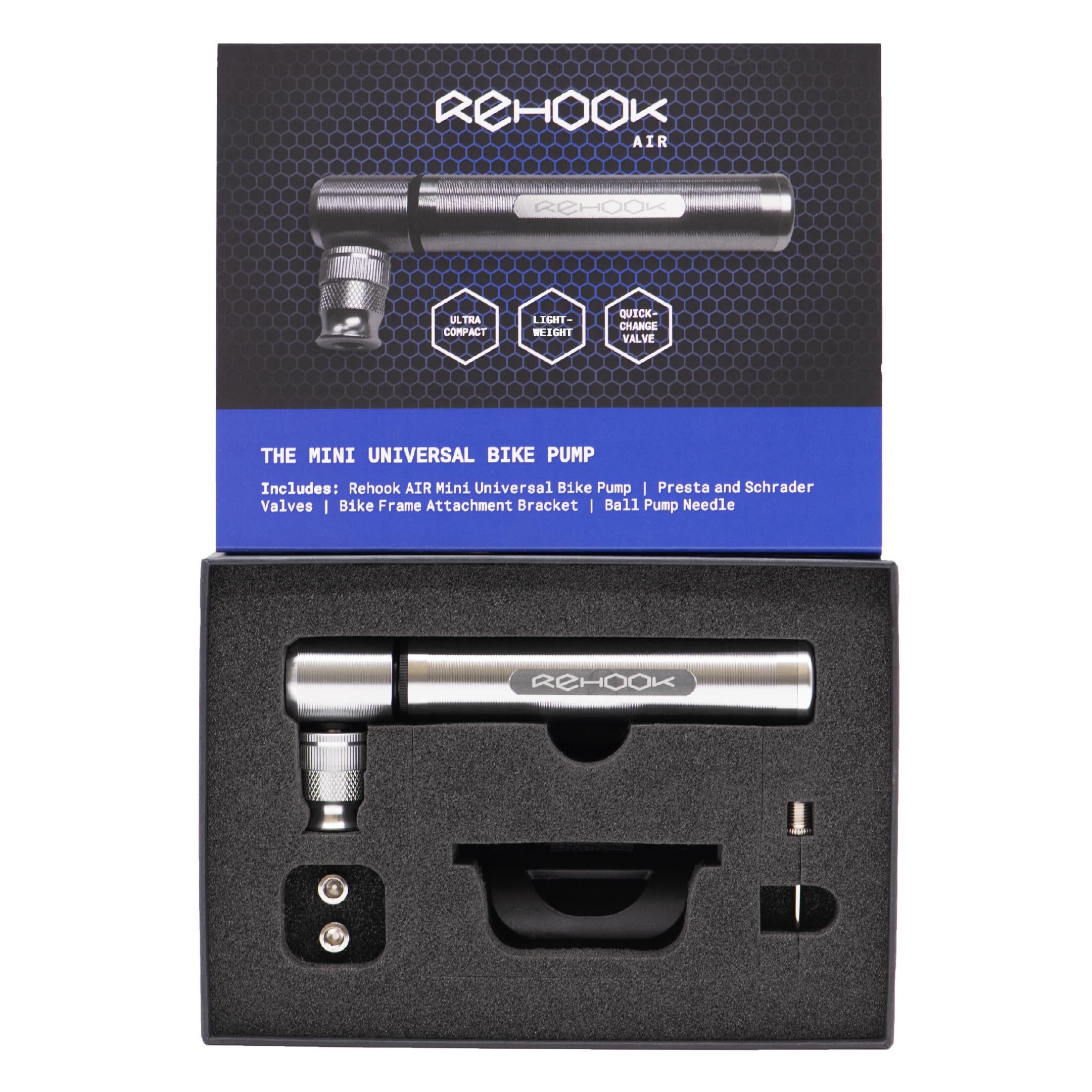 Rehook AIR Gift Set - The Mini Universal Bike Pump for Cyclists - Bicycle Pump, frame mount, ball pump with needle, fits all cycle valves