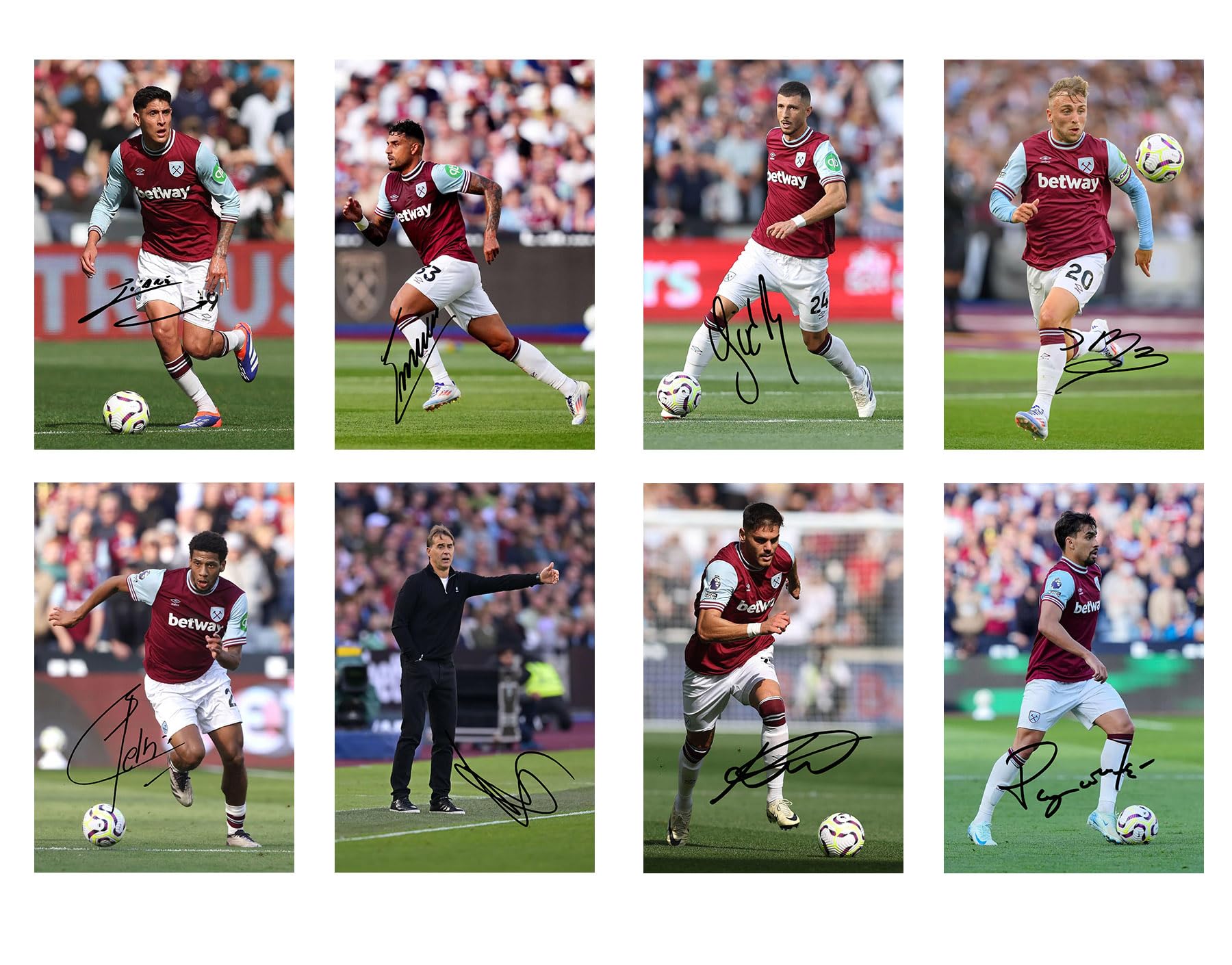 Set of 20 Individual West Ham 2024/5 Football Players Signed 6X4 Inch Photo Prints With Pre Printed Signatures That Would Make A Great Gift For Any Fan.