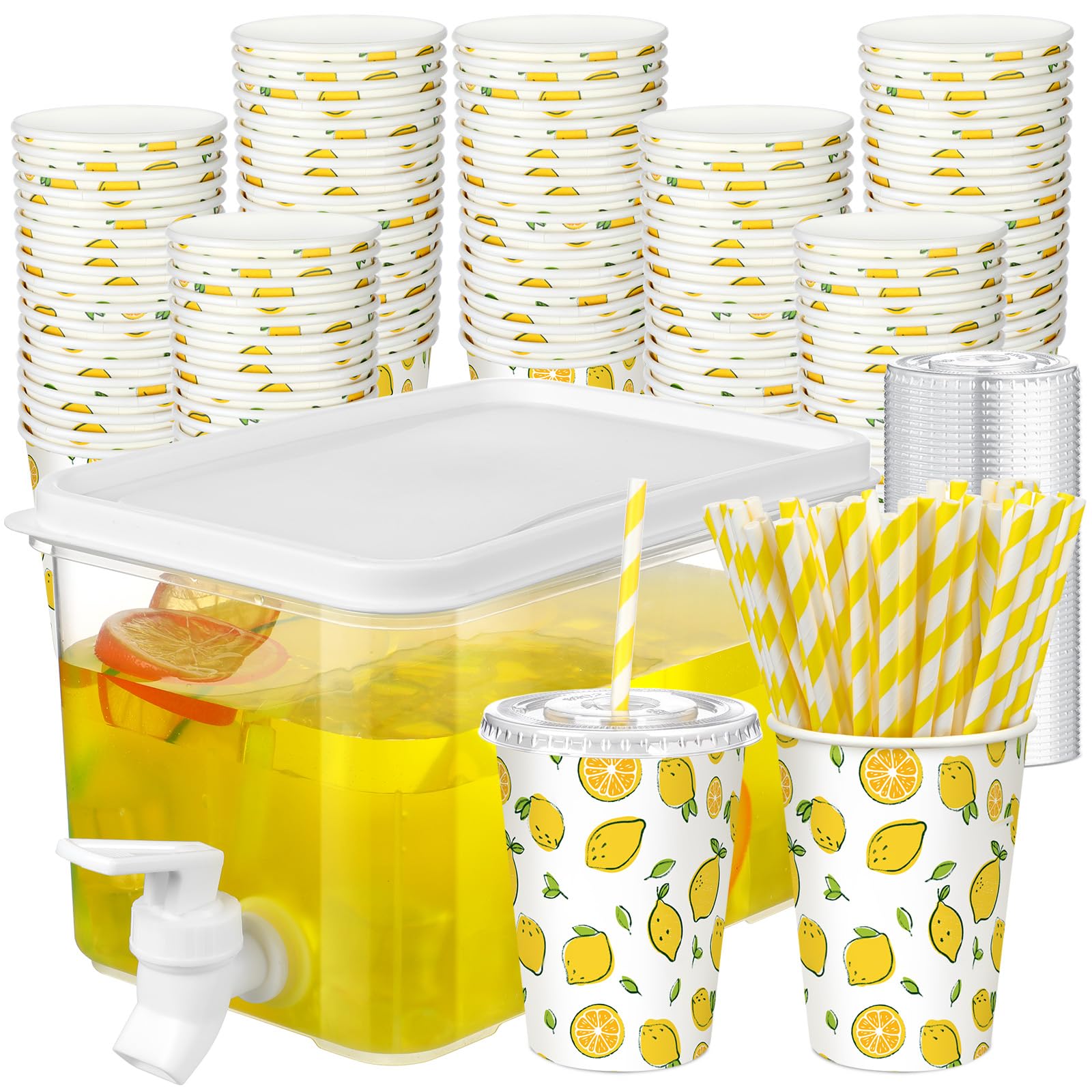 Photo 1 of  Lemonade Stand Supplies Lemonade Stand Kit Plastic Drink Dispenser 50 Set Disposable Cup with Lids Straws Fridge Water Beverages Dispenser with Spigot for Fruit Juice(Cup-16oz)