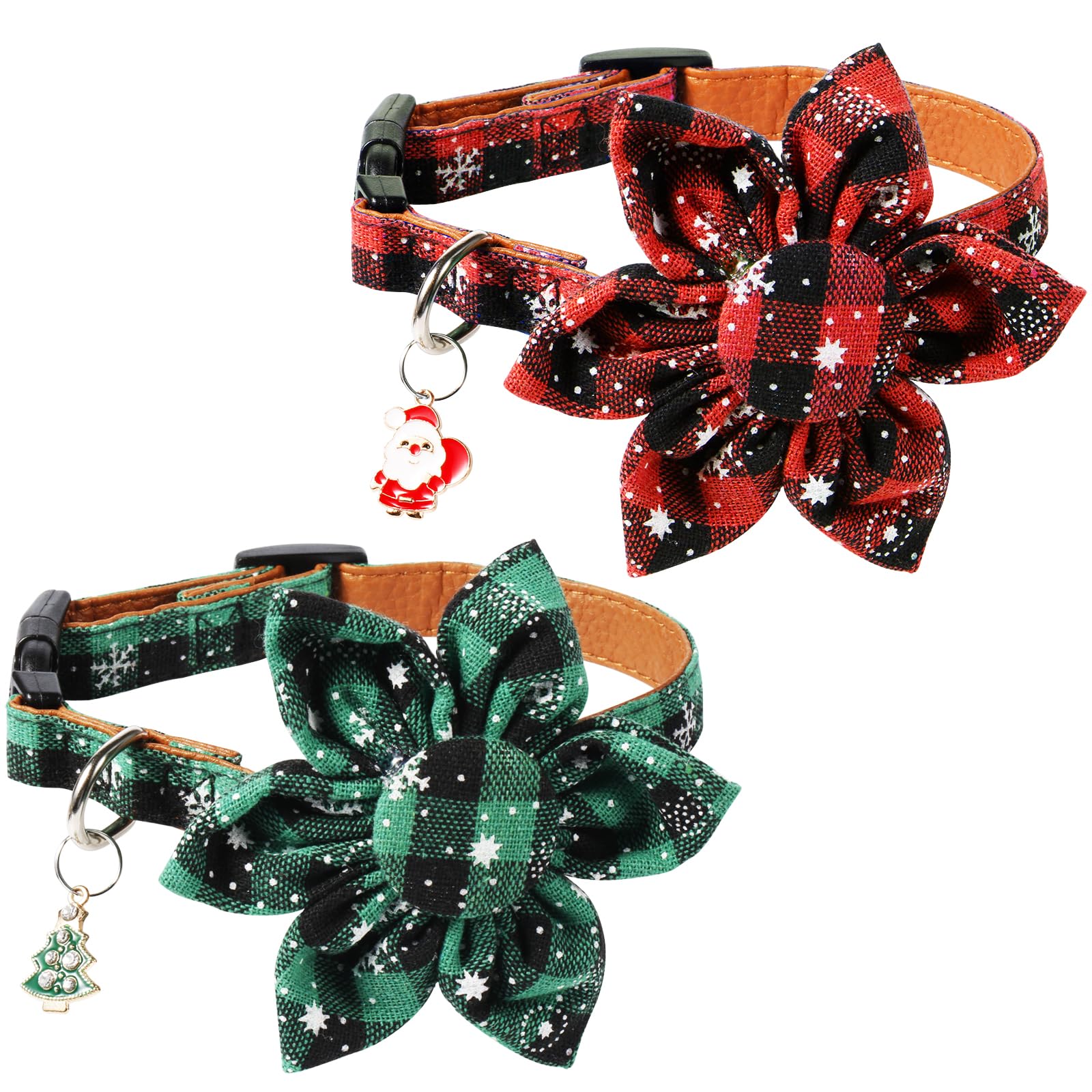 2pcs Christmas Dog Collar with Flower, Adjustable Plaid Dog Collar Detachable Holiday Dog Collars with Pendant Snowflake Pet Christmas Collars for Dog Cat (Small)