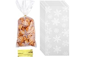 NELISYLUX Christmas Cellophane Treat Bags, Christmas Candy bags, 50 Pcs Clear Snowflake Cellophane Gift bag with Ties, Cello Plastic Goodie Snack Cookie Bag for Xmas Winter Holiday Goody Party Favors Supplies