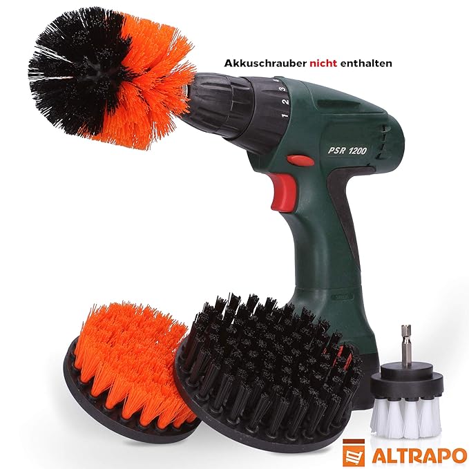ALTRAPO Bürstenaufsatz für die Bohrmaschine - Universell passende Bürste für den Akkuschrauber - Scrubber Set bestehend aus 4