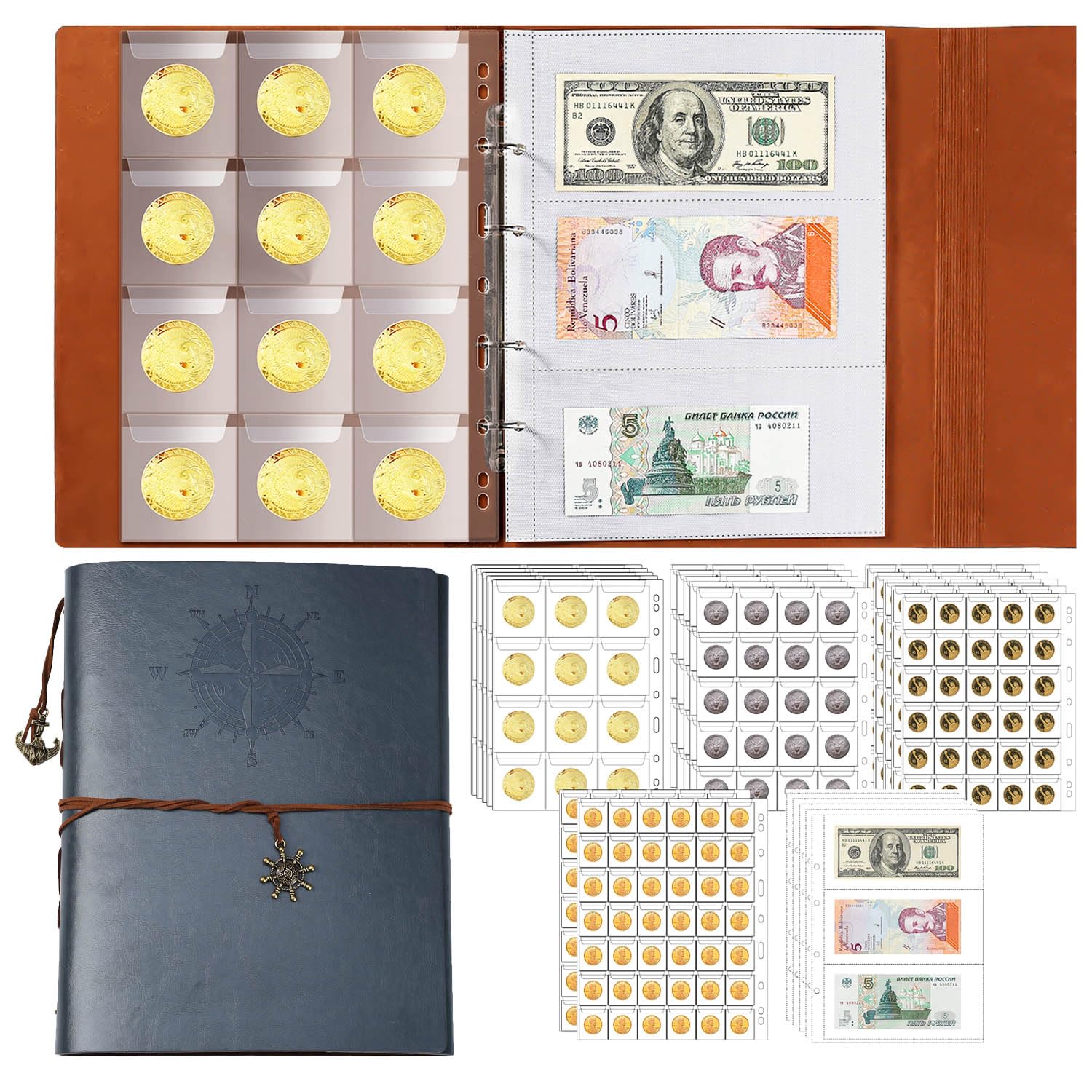 Photo 1 of eageus Coin Collection Book Holder for Collectors, 394 Pockets Coin Collecting Album & 30 Sleeves Paper Money Organizer Storage Case for Bill, Pennies, Quarters, Stamp Collection Supplies(Gray)