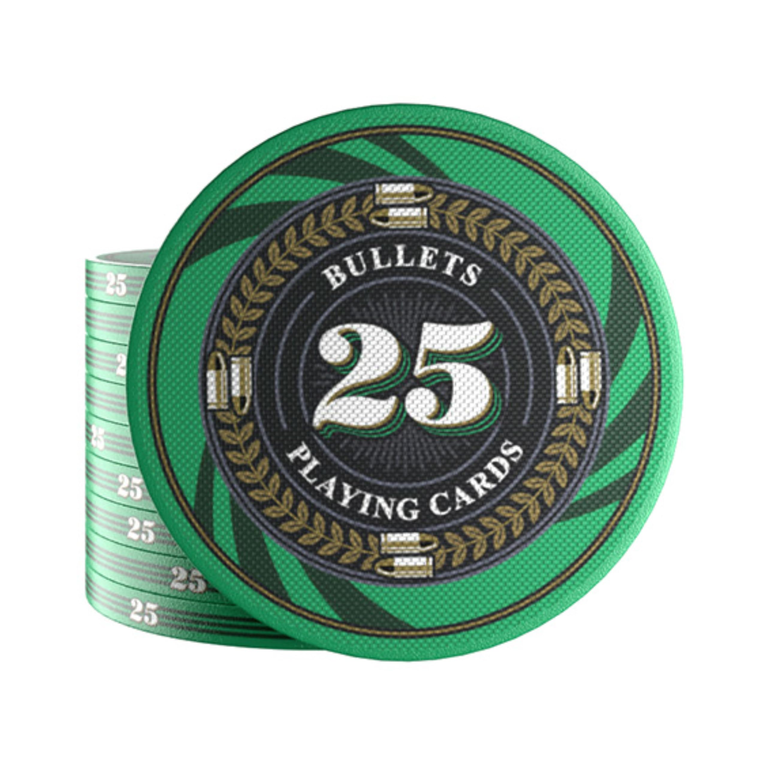 Bullets Playing Cards 25 Ceramic Poker Chips Silvio for Poker Set with Values 12 g 4 cm Diameter Green