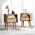 JOINICE,Night Stand Set 2, Mid Century Modern Nightstands, Bedside Table with Charging Station & Rattan Decor Drawer, Boho End Table with Storage & Solid Wood Legs for Bedroom, Cherry