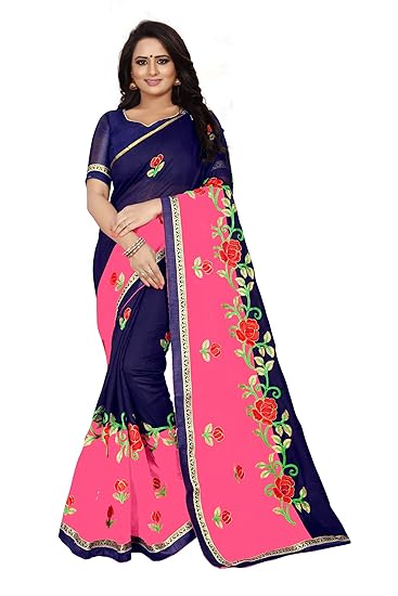Womens Cotton Chanderi Blend Embroidered Fashion Saree (Raj Shree-1, Pink)