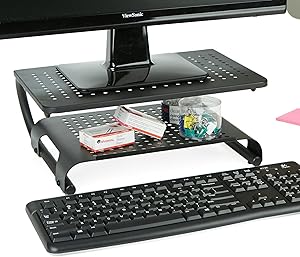 Mind Reader MON2T-BLK Monitor Stand Riser, 2 Tier, Ventilated Metal for Computer Monitor, Laptop, Storage for Keyboard, Black