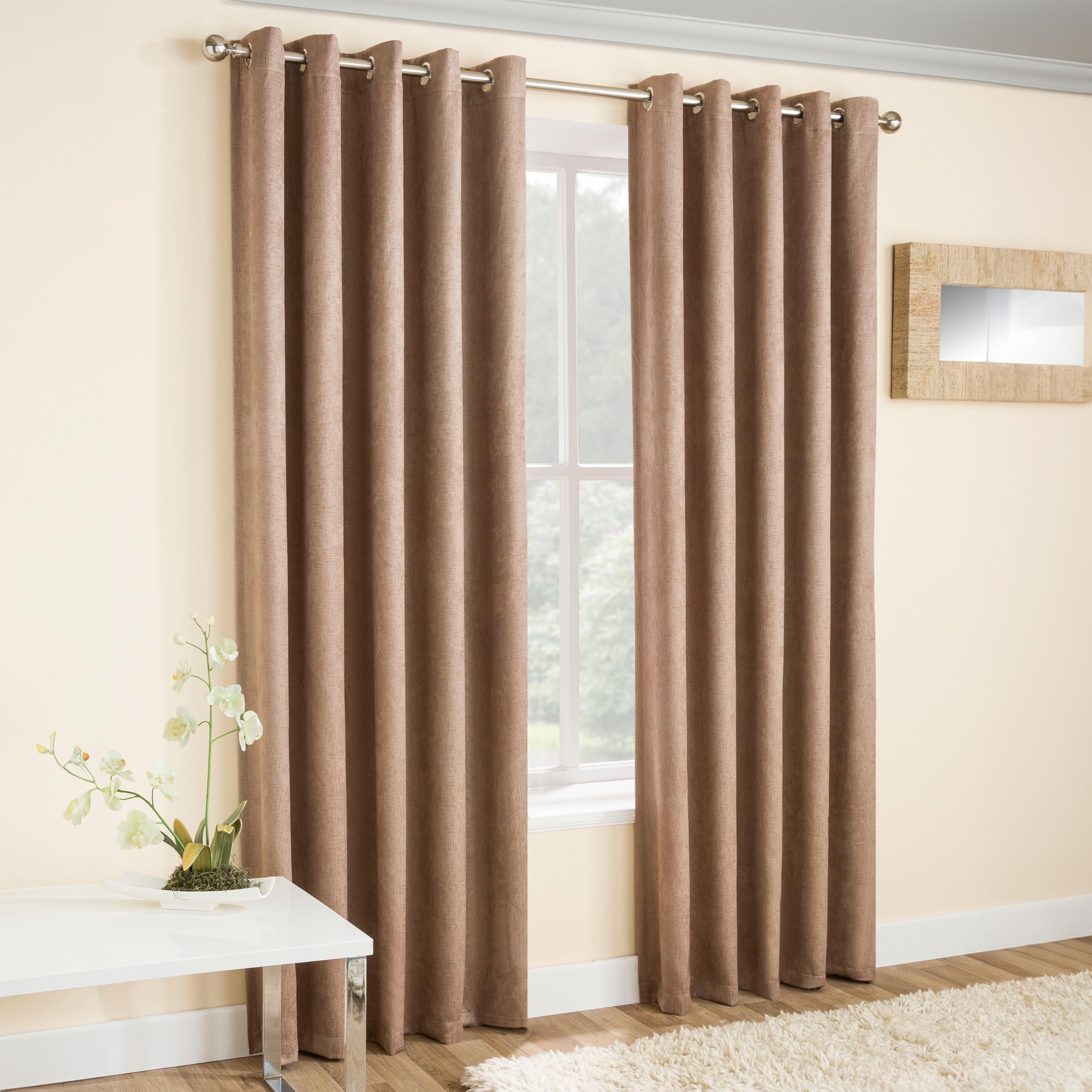 Enhanced Living Vogue Latte Natural 46 x 54 inch (117x137cm) Eyelet Thermal Noise Reducing Dim Out Curtains for Bedroom and Living Room