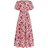 dowerme Womens Summer Dresses 2026 Casual Puff Short Sleeve V Neck Floral Boho Tiered Ruffle Maxi Dress with Pockets