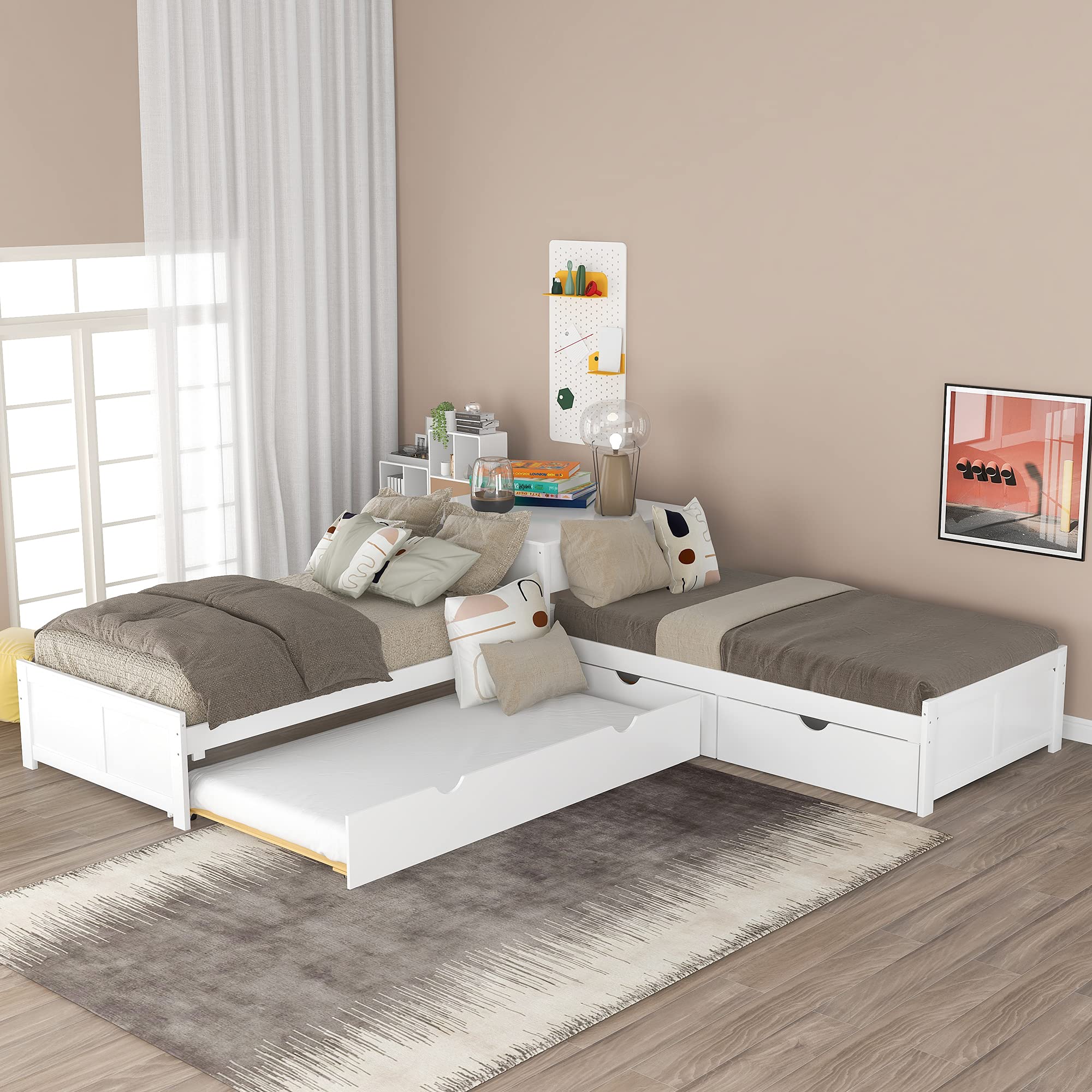 Photo 1 of ****STOCK PHOTO REFERENCE ONLY*****Merax L-Shaped Platform Bed with Trundle, Drawers and Built-in Desk, Wood Bed for Teens, L Shaped Twin Bed, White