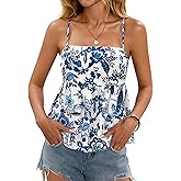 Yousify Womens Babydoll Tank Tops Spaghetti Strap Floral Cami Top Summer Cute Square Neck Flowy Peplum Shirts