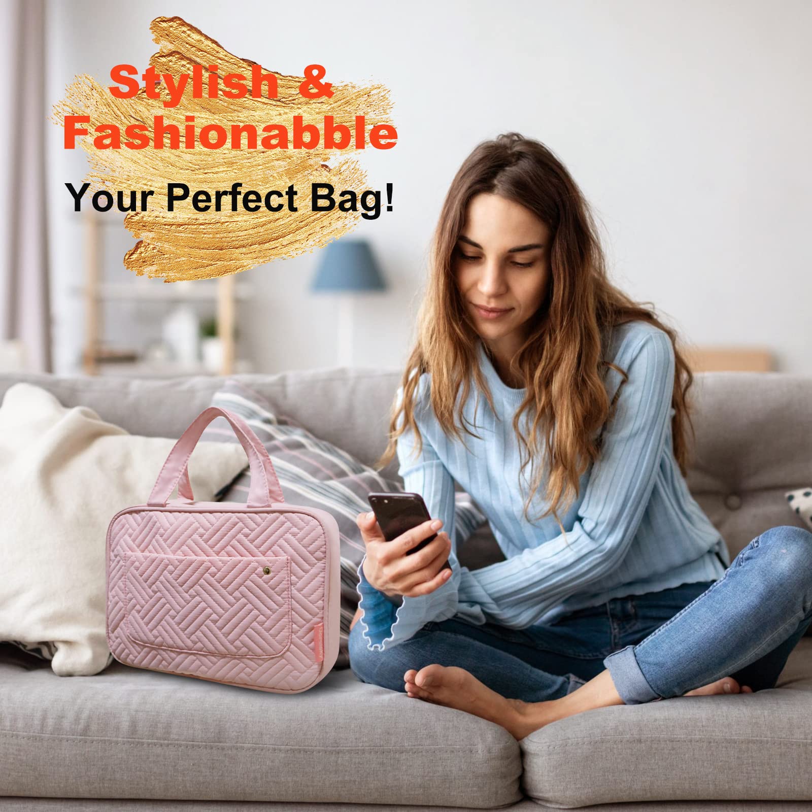 Toiletry Bag, Fashionable Hanging Bag for Women and Men, Foldable Hygiene Bag, Bathroom, and Shower Organizer Kit with Elastic Band Holders for Toiletries, Cosmetics, Makeup, Brushes (Pink)