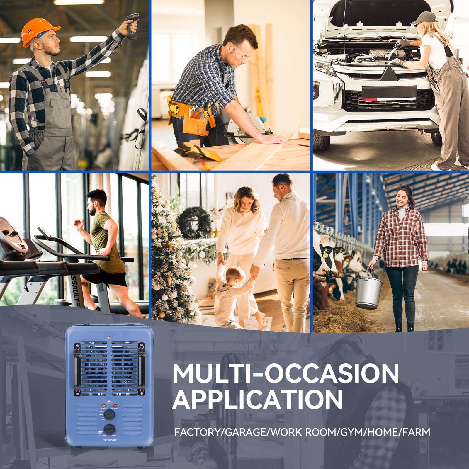 Milkhouse Space Heater, 1300W/1500W Heater with Thermostat, 3 Heat Settings, Safe and Quiet Heater, Anti-Freezing Setting for Garage Workshop Warehouse, Blue