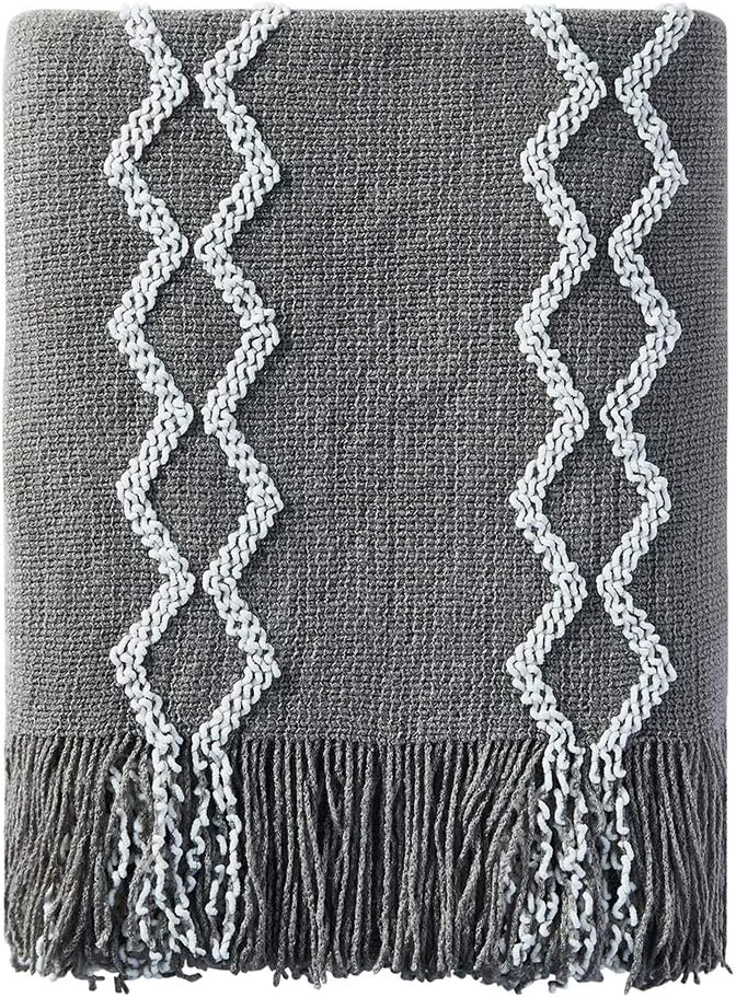 Bourina Fluffy Chenille Knitted Fringe Throw Blanket Lightweight Soft Cozy for Bed Sofa Chair Throw Blankets, 50" x 60",Grey