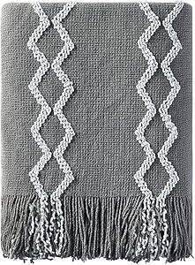 Bourina Fluffy Chenille Knitted Fringe Throw Blanket Lightweight Soft Cozy for Bed Sofa Chair Throw Blankets, 50" x 60",Grey