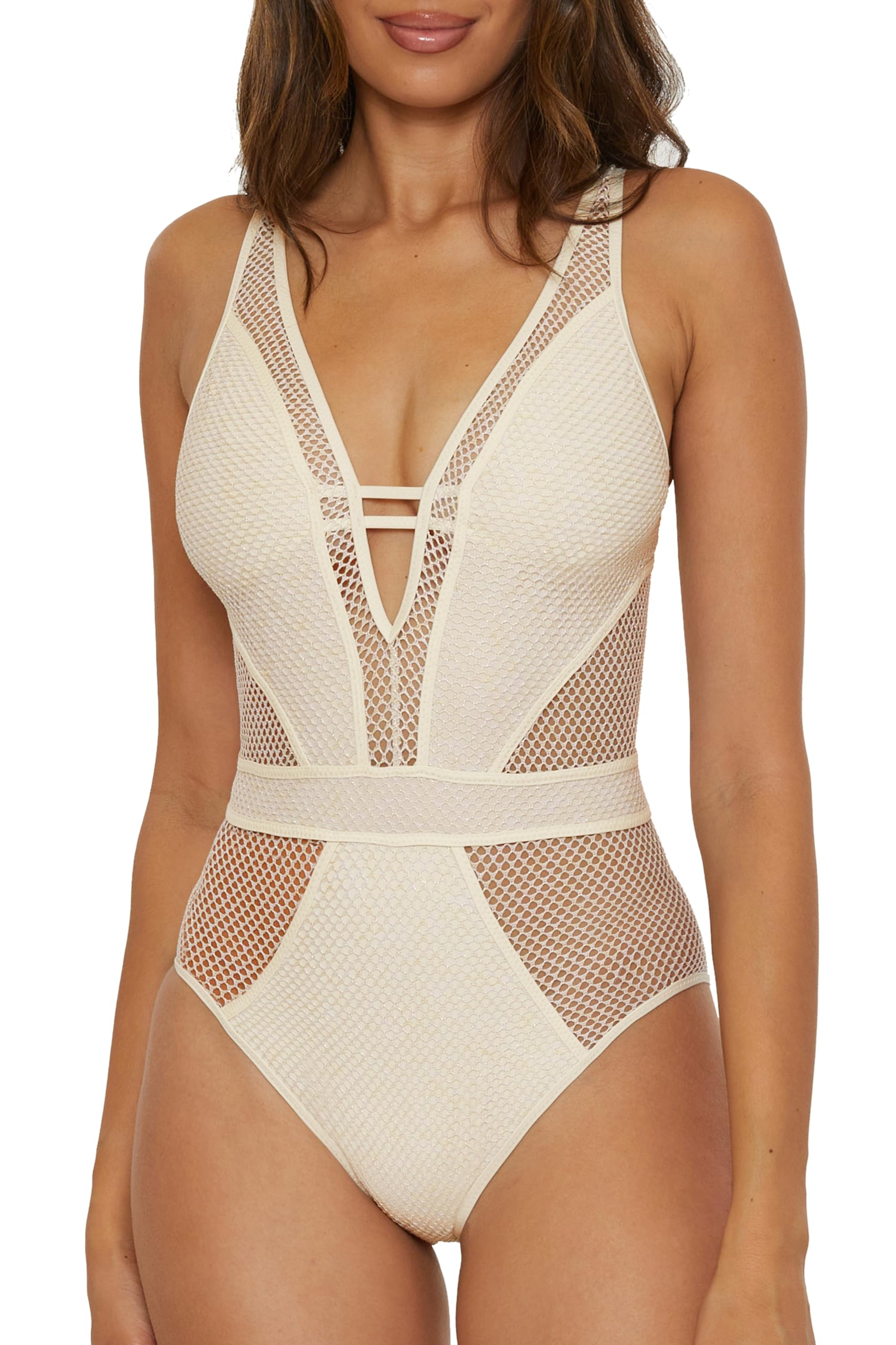 BECCA Color Play – Women’s One Piece Swimsuit, Plunge Neck, Crochet, Bathing Suits for Women, Ecru, Small