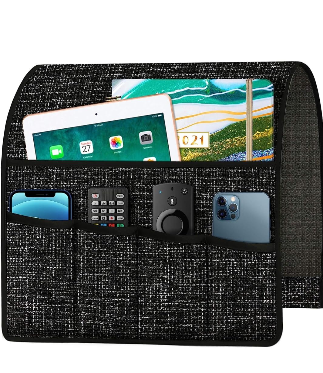My Phoenix Armchair Caddy Remote Control Holder Organizer, Sofa Remote Holder Armrest Organizer for Remotes Tablet Books Pen (Black)