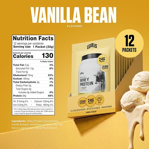 LEVELS GRASS FED WHEY PROTEIN POWDER, NO ARTIFICIALS, 24G OF PROTEIN, VANILLA BEAN, 12 COUNT