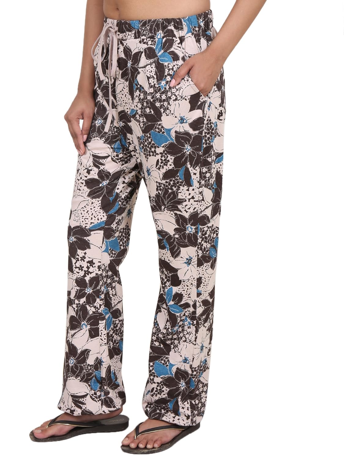 9teenagain women's cotton hosiery nightwear pajama(beige & brown printed)