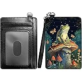 RWUTYTIUL Mushroom Frog Slim Minimalist Wallet with Lanyard Strap, PU Leather Front Pocket Wallet RFID Blocking Credit Card Holder Card Cases with ID Window for Man Woman Boy Girl