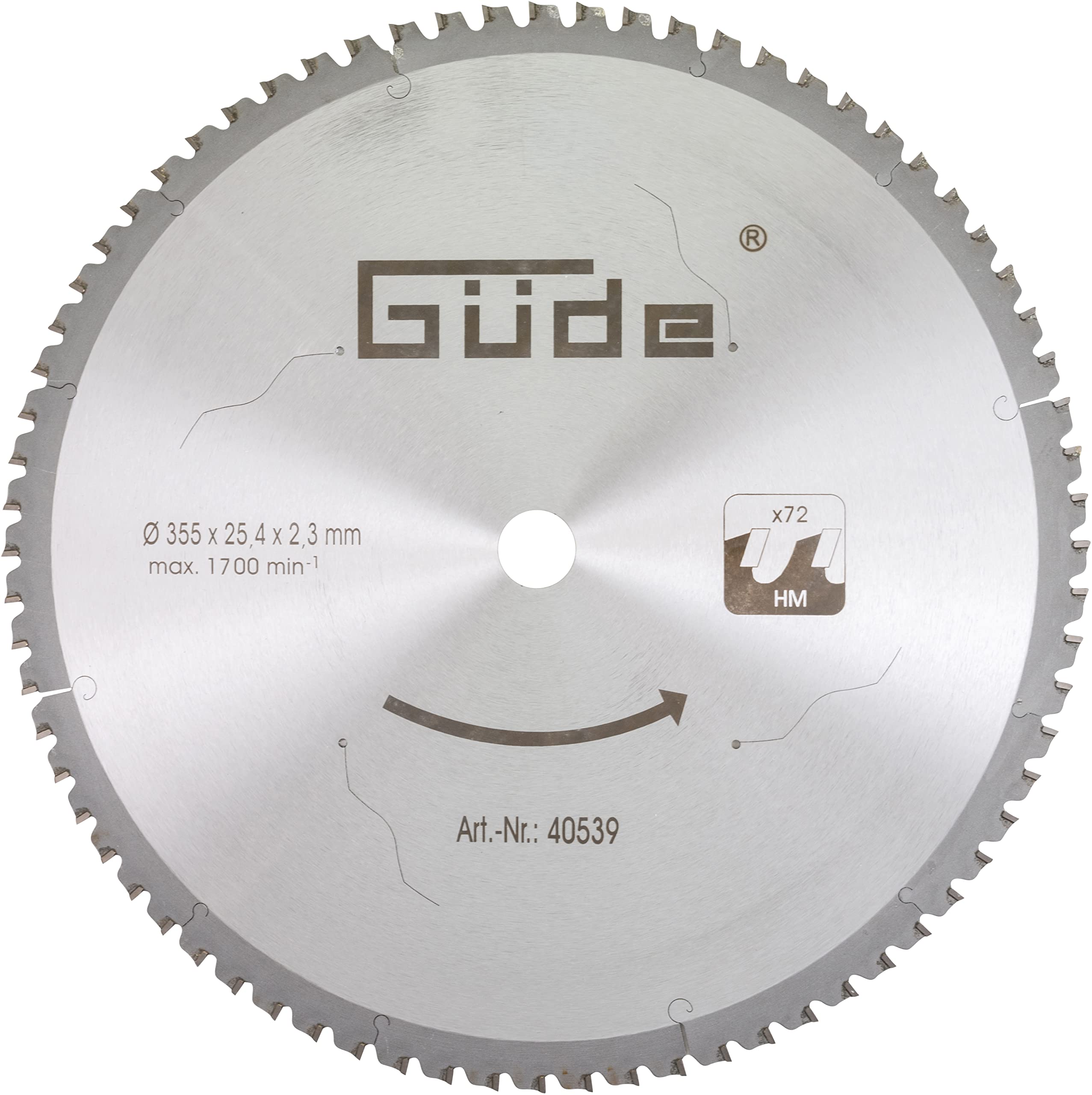 Güde Metal Circular Saw Blade HM 355 x 25.4 x 72Z (Diameter 35.5 cm, 2.54 cm Saw Blade Bore, 72 Teeth, Max. 1700 RPM, No Cooling, Suitable for Non-Ferrous Metals Such as Steel, Aluminium, Plastic