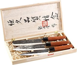TokioKitchenWare Messer: 3-teiliges Messerset, handgefertigt, mit Echtholzgriff (Asia Messer)