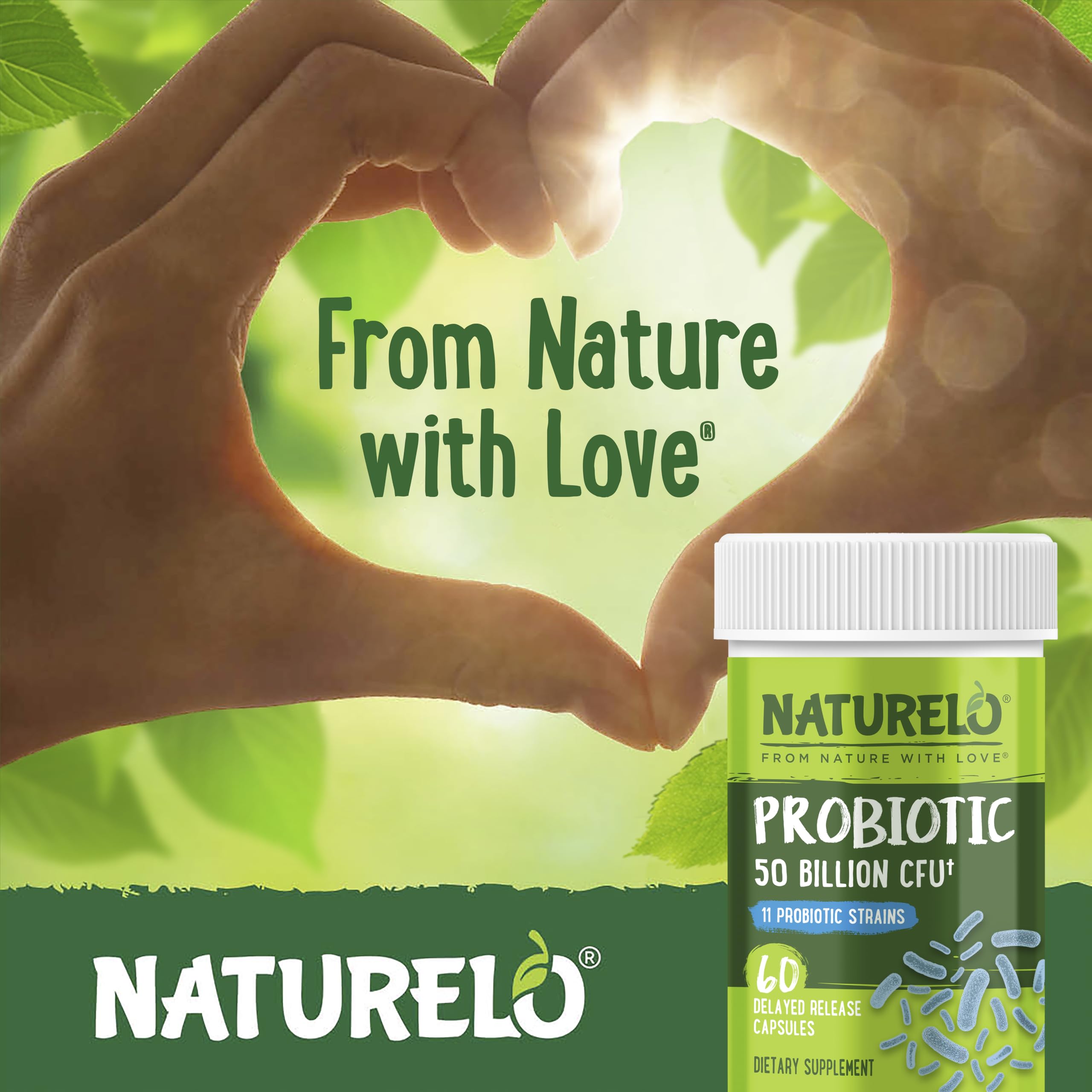 NATURELO Probiotics for Digestive Health - 50 Billion CFU, 11 Strains Daily Supplement - Boosts Immune System, Delayed Release, 60 Vegetarian Capsules