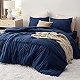 Bedsure Queen Comforter Set with Sheet - 4 Pieces Soft Navy Blue Bedding, Grid Pinch Pleat, All Season Lightweight Fluffy Bed Set with Solid Boho Comforter, Pillowcases & Sheet