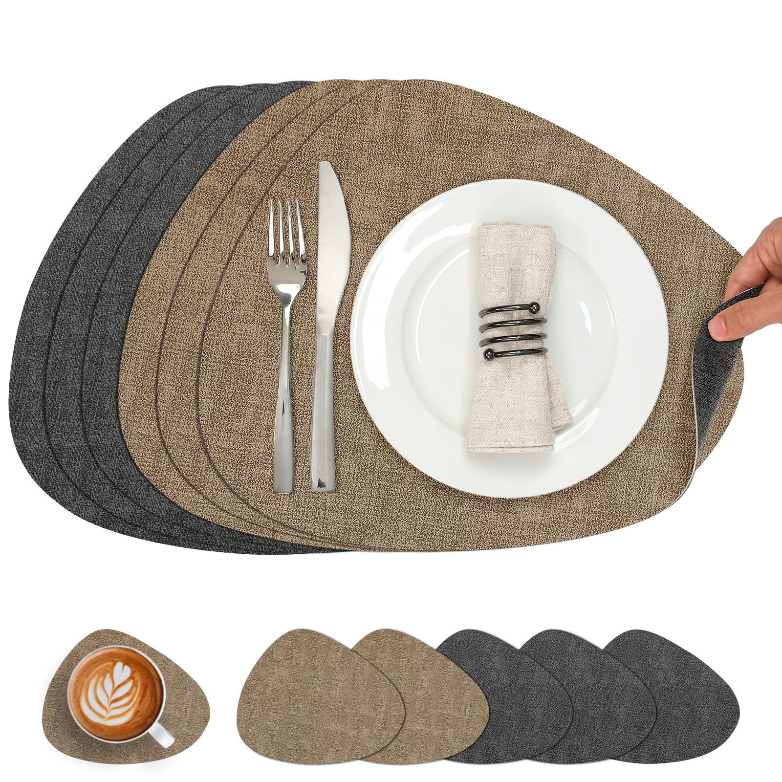 Chitomars Placemats and Coaster Set of 6, Place Mats Table Mats Coffee Mats Placemats set of 6 Triangle Waterproof Wipeable Dual Sided Kitchen Heat Resistant Non-Slip Washable