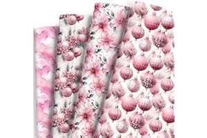 Dtiafu Pink Christmas Wrapping Paper Bundle 4 Watercolor Floral Gift Wrap Paper for Christmas Wedding Baby Shower, 20 X 28 Inch, Folded Flat (8 Sheet)