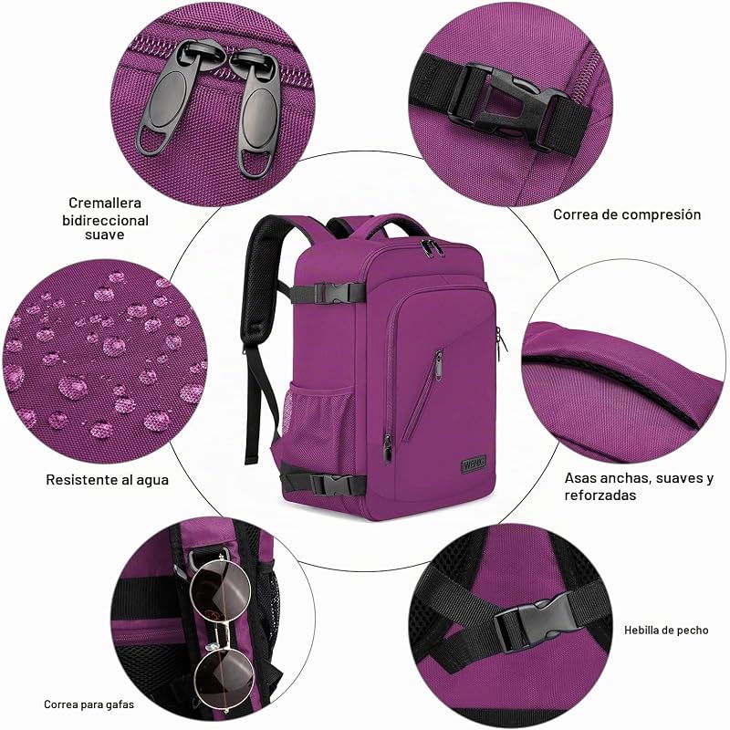 Mochila de Viagem Cabine Avião 40x20x25 para Mochilas Ryanair Mala Mochila de Viagem Ryanair Mochila de Mão Mochila de Mão Mochila Portátil Portátil com Porta USB para Trabalho, Escolas, Roxo